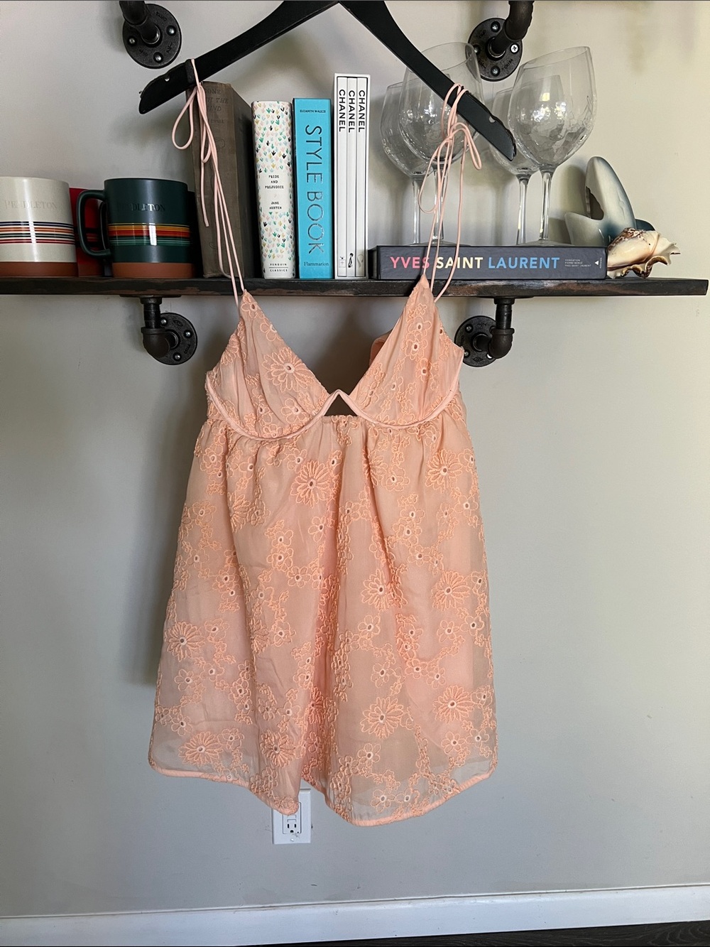 For Love & Lemons Peach Eyelet Babydoll Mini Dress - Picture 2 of 6